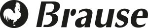 Schwarzes Logo mit Wort „Brause“. Links schwarzer Kreis mit nach rechts blickendem weißem Hahn.
