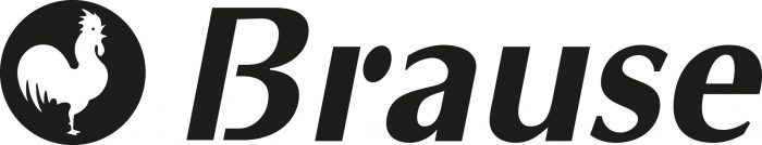 Schwarzes Logo mit Wort „Brause“. Links schwarzer Kreis mit nach rechts blickendem weißem Hahn.