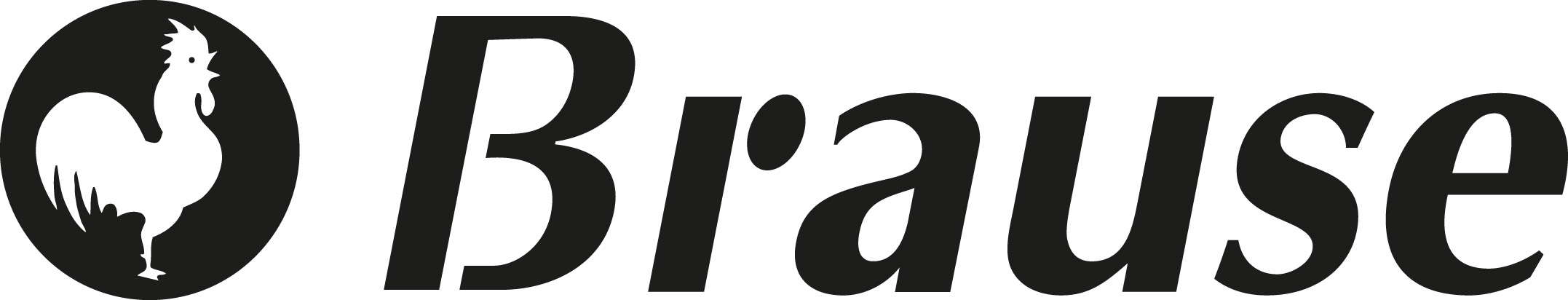 Schwarzes Logo mit Wort „Brause“. Links schwarzer Kreis mit nach rechts blickendem weißem Hahn.