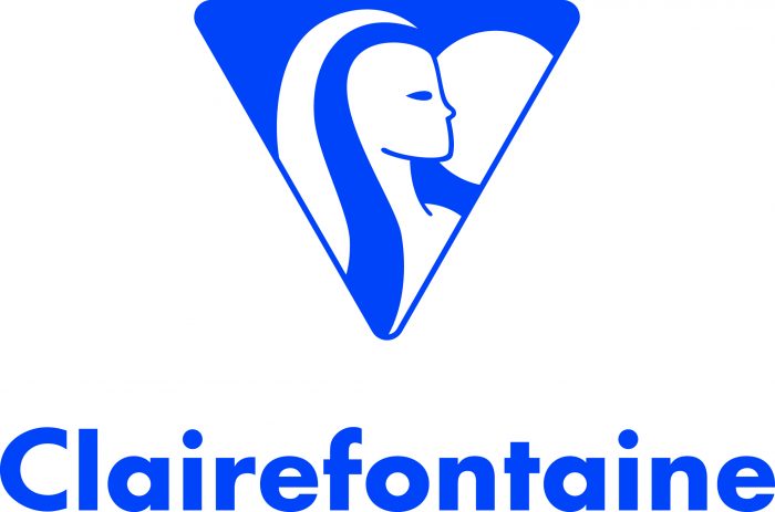 Blaues Logo mit Text „Clairefontaine" mit stilisiertem Profil einer Frau mit Krug darüber.