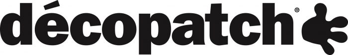 Schwarzes Logo mit Text „décopatch“. Rechts Hand im spritzerartigen Design.