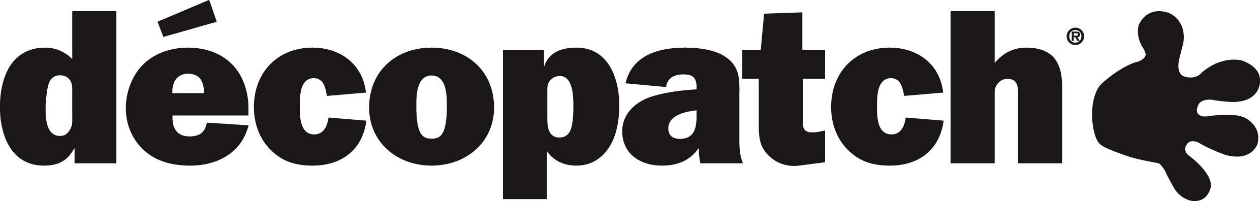 Schwarzes Logo mit Text „décopatch“. Rechts Hand im spritzerartigen Design.