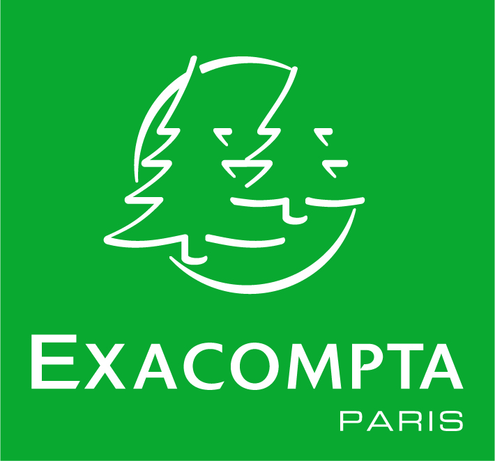 Logo mit weißem Text "Exacompta Paris" mit Zeichnung von zwei Bäumen. Grüner Hintergrund.