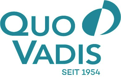 Türkises Logo mit Text „Quo Vadis“, darunter „SEIT 1954“. Rechts stilisierte Kreisform.