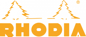 Orangenes Logo mit Wort „RHODIA“ in fetten Buchstaben. Über dem Text sind 2 Tannenbäume.