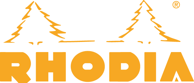Orangenes Logo mit Wort „RHODIA“ in fetten Buchstaben. Über dem Text sind 2 Tannenbäume.