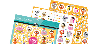 Stickerbögen mit bunten Cartoon-Tieren wie Eulen, Schweinen und Tigern. Enthält über 700 Sticker mit verschiedenen Gesichtsausdrücken und Accessoires wie Hüten und Brillen auf orange-gelbem Hintergrund.
