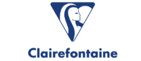 Ein blau-weißes dreieckiges Logo mit zwei abstrakten Gesichtern im Profil, darunter in blauen Buchstaben das Wort Clairefontaine.