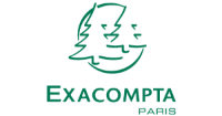 Exacompta Paris Logo mit zwei stilisierten grünen Bäumen und dem Markennamen Exacompta in grünen Großbuchstaben darunter. Das Wort Paris erscheint kleiner und unten rechts.