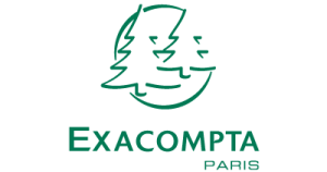 Grünes Logo mit zwei sich überlappenden Kiefern in einem Kreis über dem Schriftzug "EXACOMPTA PARIS" in Grün auf hellem Hintergrund.