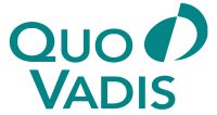 Das Bild zeigt das Quo Vadis-Logo in blaugrüner Schrift mit einem stilisierten kreisförmigen Grafikelement, das einem geteilten Kreis über dem S in VADIS ähnelt.
