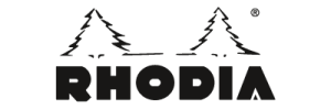 Das RHODIA-Logo zeigt den Markennamen in fetten, schwarzen, geometrischen Buchstaben mit zwei stilisierten Kiefern über dem Text.