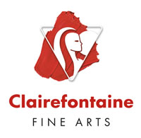 Logo für Clairefontaine Fine Arts mit einem stilisierten Gesicht im Profil innerhalb eines weißen Dreiecks über einem roten Farbstrich, mit "Clairefontaine" in fetten roten Buchstaben und "Fine Arts" darunter in schwarzen Großbuchstaben.