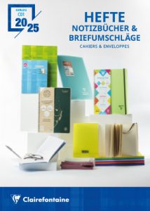 Cover des Katalogs Hefte, Notizbücher und Briefumschläge 2025 von Clairefontaine.