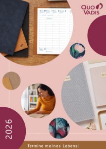 Cover Quo Vadis Katalog mit kreisförmigen Designelementen. Pastellrosa Design.