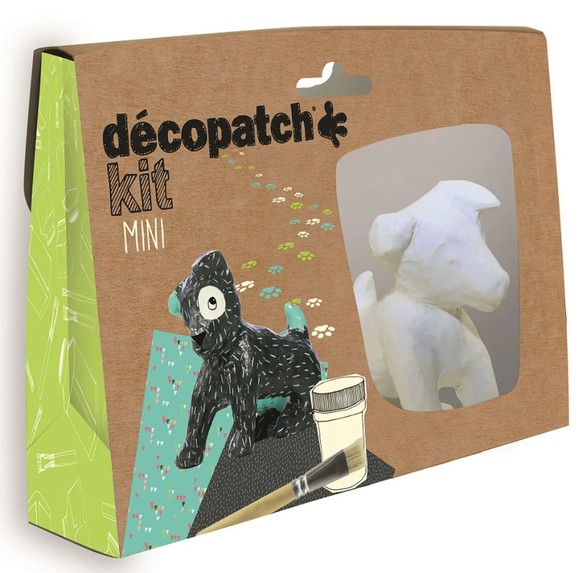 Eine Décopatch-Mini-Kit-Box mit einer schwarz verzierten Pappmaché-Hundefigur, einem Pinsel, Kleber und einer unfertigen weißen Hundefigur, die durch ein Fenster gezeigt wird - perfekt für Upcycling-Deko oder Zimmerdekoration.