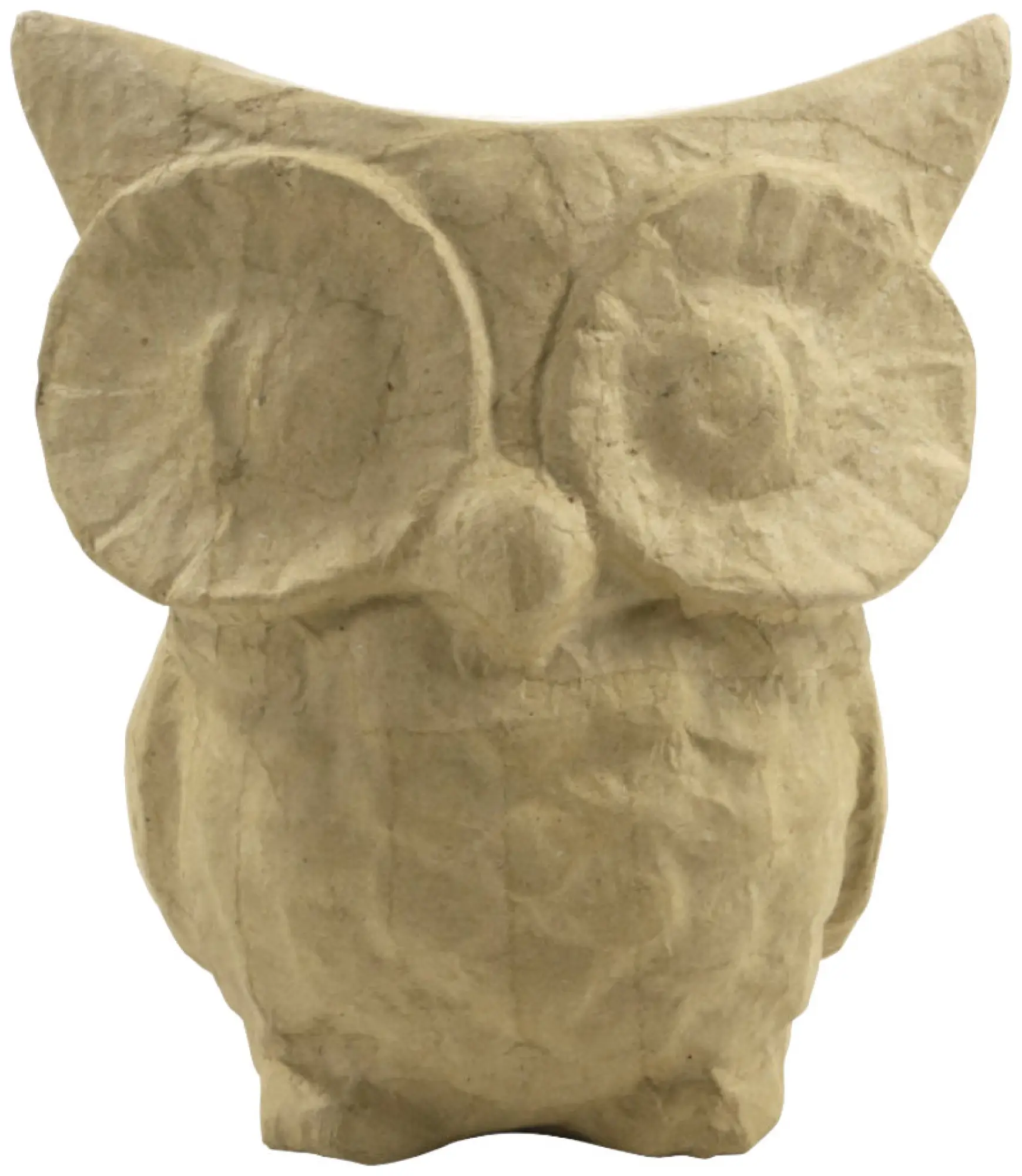 Eine braune, unvollendete Pappmaché-Eulenskulptur mit großen runden Augen und spitzen Ohren, perfekt zum Décopatch oder Verzieren als einzigartige Zimmerdekoration oder Deko, ausgestellt vor einem weißen Hintergrund.