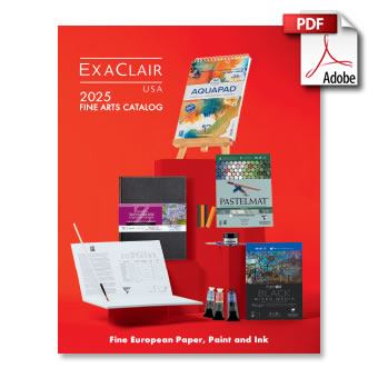 Cover des Exaclair USA 2025 Fine Arts Katalogs mit Kunstzubehör wie Aquapad, Pastellmatte, Kunstdruckpapier, Farbtuben und Tinte vor einem roten Hintergrund. Ein PDF und ein Adobe-Logo erscheinen in der oberen rechten Ecke.