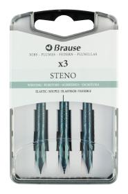 Eine durchsichtige Plastikverpackung mit der Aufschrift Brause x3 STENO enthält drei metallene Kalligrafie-Schreibfedern, die senkrecht nebeneinander mit der Spitze nach unten liegen.