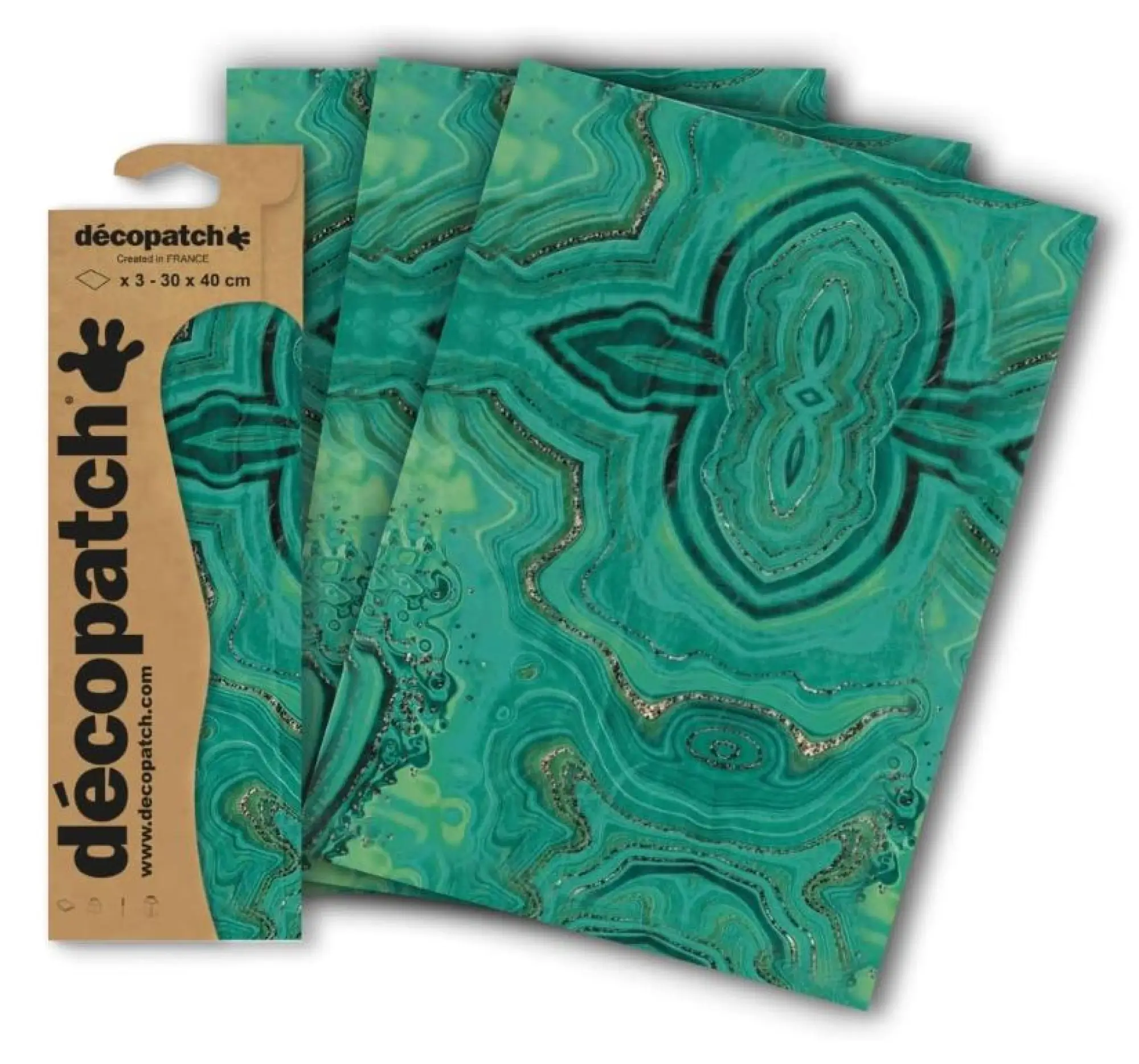 Drei Bögen Décopatch-Dekopapier von Clairefontaine mit einem türkis und grün marmorierten Muster mit goldenen Akzenten. Jeder Bogen ist 30 x 40 cm groß und wird gefaltet geliefert - perfekt für das Upcycling von Möbeln oder Dekorationsgegenständen.