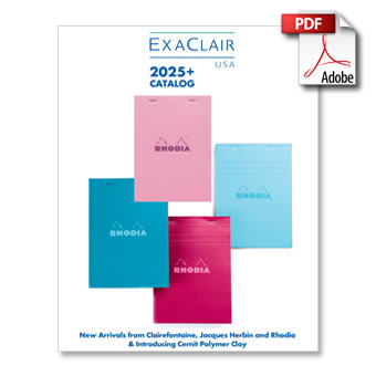 Umschlag des Katalogs ExaClair USA 2025+ mit vier Rhodia-Notizblöcken in Rosa- und Blautönen und einem PDF-Symbol in der oberen rechten Ecke. Der Text am unteren Rand kündigt neue Produkte verschiedener Marken an.